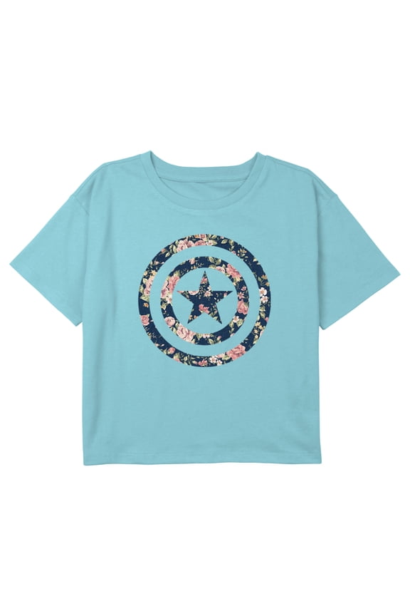 Girl's Marvel Captain America Floral Print Shield Graphic Cropped T-Shirt Blue Small
