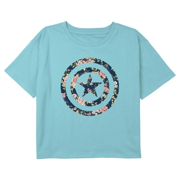 Girl's Marvel Captain America Floral Print Shield Graphic Cropped T-Shirt Blue X Large