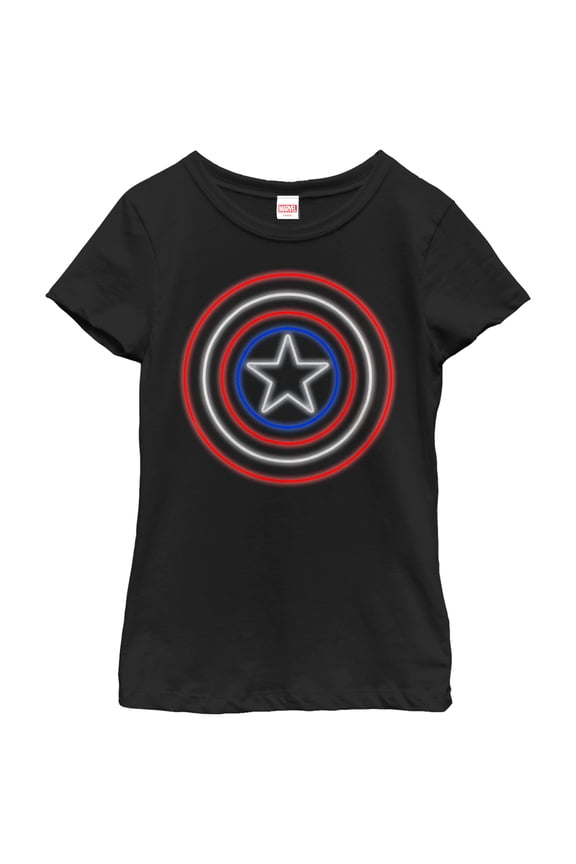 Girl's Marvel Captain America Shield Neon Light Graphic Tee Black Medium