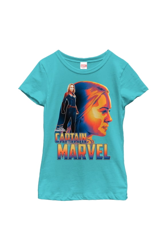 Girl's Marvel Captain Marvel Artistic Profile  Graphic Tee Tahiti Blue Large