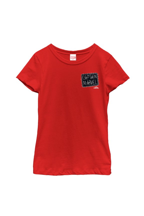 Girl's Marvel Captain Marvel Crayon Patch Logo  Graphic Tee Red Medium