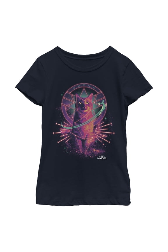 Girl's Marvel Captain Marvel Galactic Goose Cat Graphic Tee Navy Blue Small