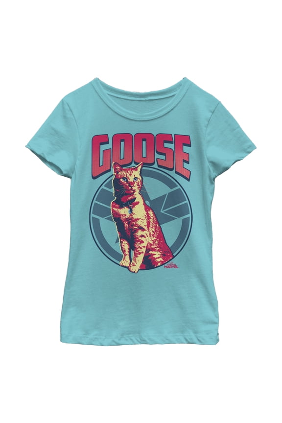 Girl's Marvel Captain Marvel Goose Cat Badge Graphic Tee Tahiti Blue Medium