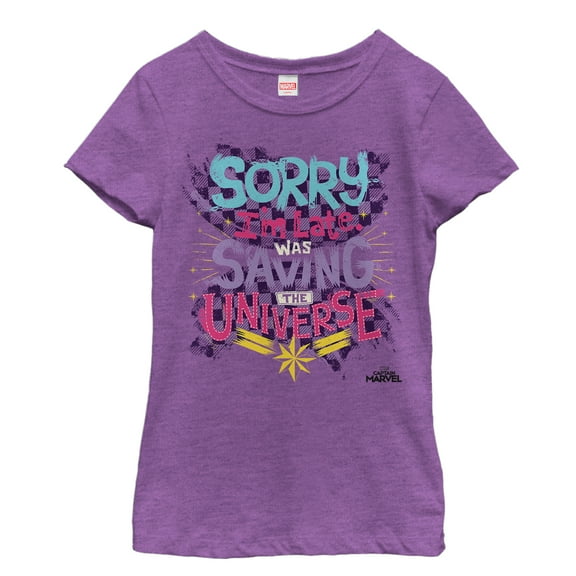 Girl's Marvel Captain Marvel Sorry I'm Late  Graphic Tee Purple Berry Medium