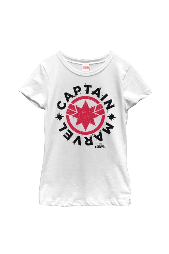 Girl's Marvel Captain Marvel Star Symbol Circle Graphic Tee White Large