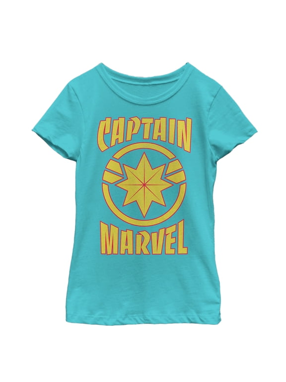 Girl's Marvel Captain Marvel Star Symbol Shield Graphic Tee Tahiti Blue Medium
