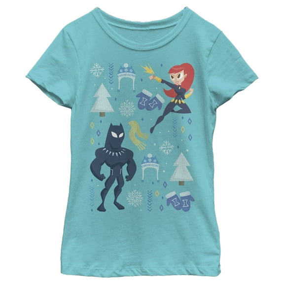 Girl's Marvel Christmas Black Widow  & Panther  Graphic Tee Tahiti Blue X Small