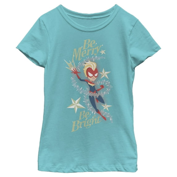 Girl's Marvel Christmas Captain Marvel Merry & Bright Graphic Tee Tahiti Blue Small