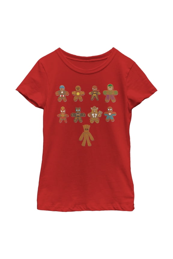 Girl's Marvel Christmas Gingerbread Cookie Avengers Graphic Tee Red Large