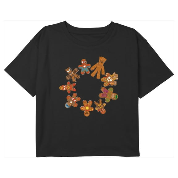 Girl's Marvel Christmas Gingerbread Cookie Circle Avengers Graphic Cropped T-Shirt Black Small