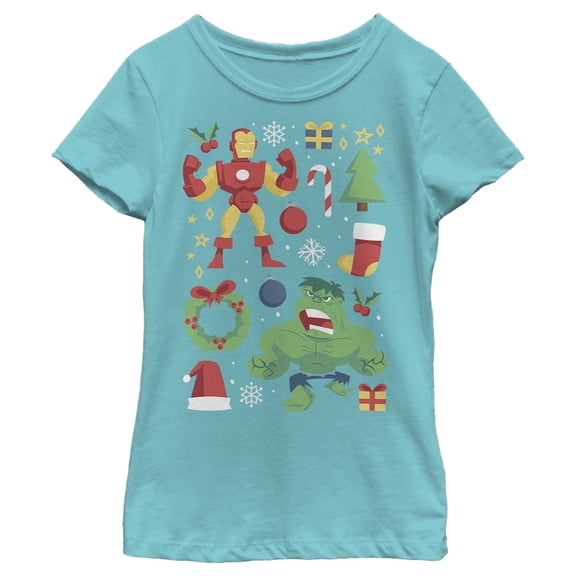 Girl's Marvel Christmas Iron Man & Hulk Cheer Graphic Tee Tahiti Blue Small
