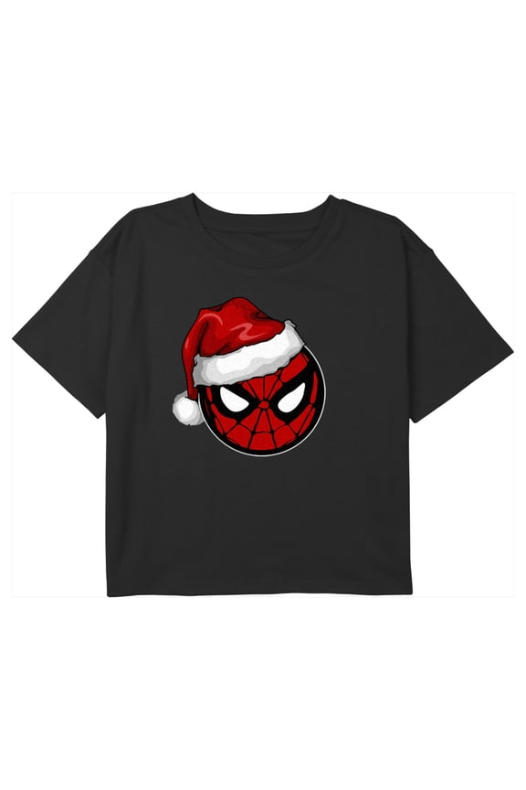 Girl's Marvel Christmas Spider-Man Santa Hat Graphic Cropped T-Shirt Black Small