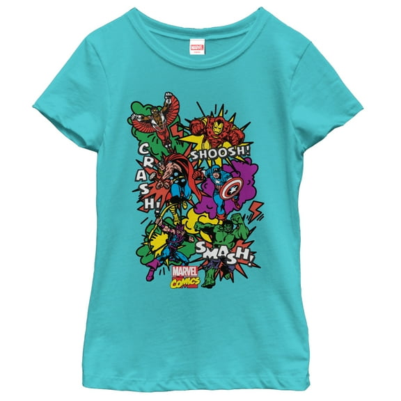 Girl's Marvel Comic Book Sound Effects  Graphic Tee Tahiti Blue Small