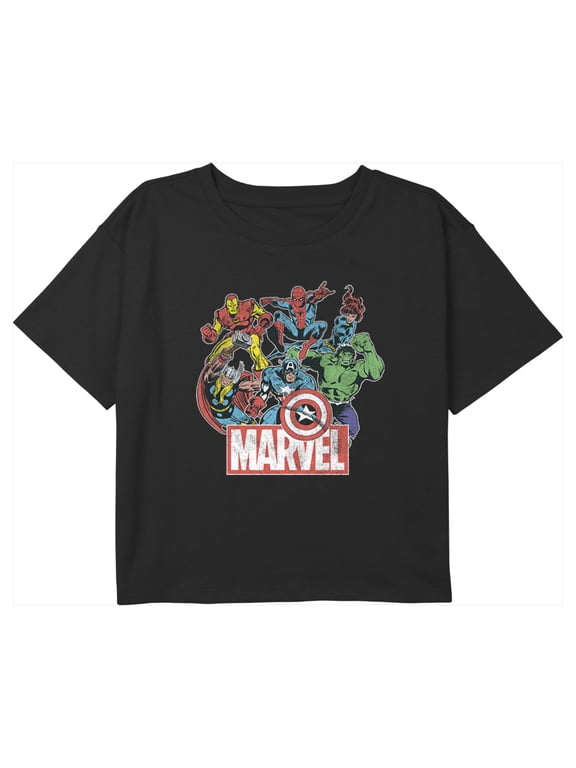Girl's Marvel Distressed Classic Hero Collage Graphic Cropped T-Shirt Black Medium