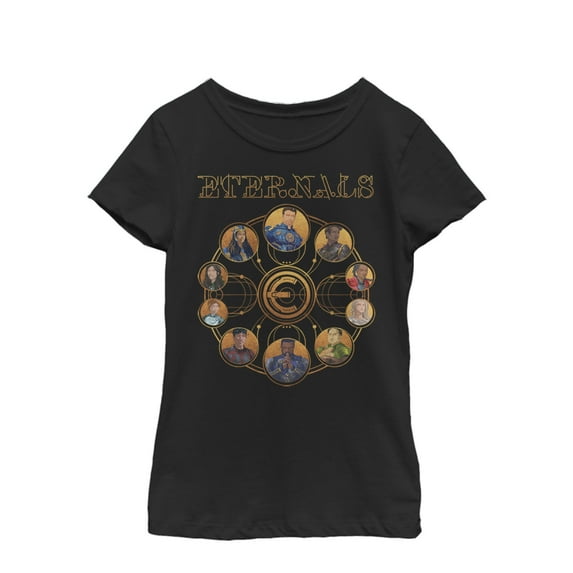 Girl's Marvel Eternals Circular Gold Graphic Tee Black Large