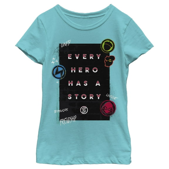 Girl's Marvel Every Hero Has a Story Logos Graphic Tee Tahiti Blue X Small