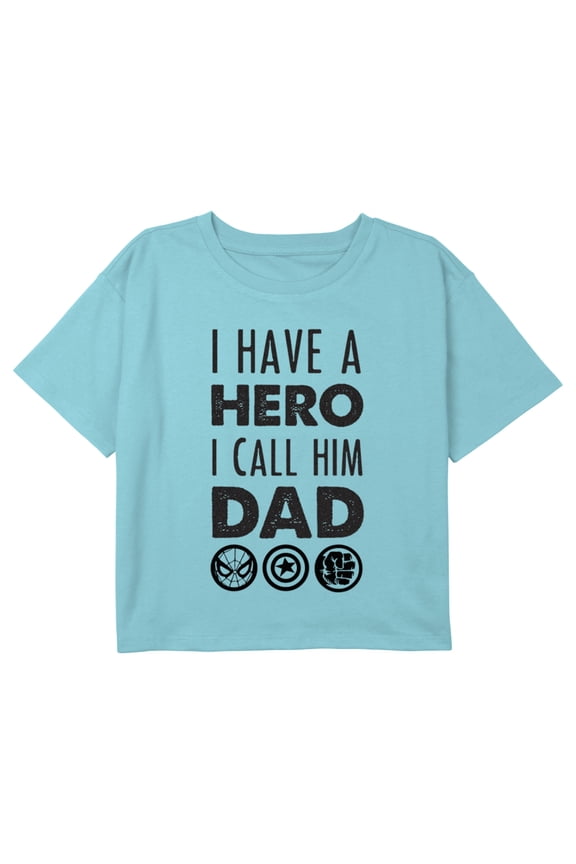 Girl's Marvel Father's Day I Have a Hero I Call Him Dad Graphic Cropped T-Shirt Blue Medium