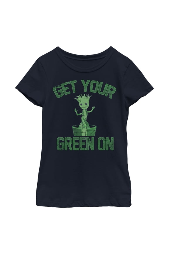 Girl's Marvel Groot St. Patrick's Day Get Your Green On Graphic Tee Navy Blue X Small