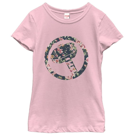 Girl's Marvel Hammer Thor Floral Print Graphic Tee Light Pink Large