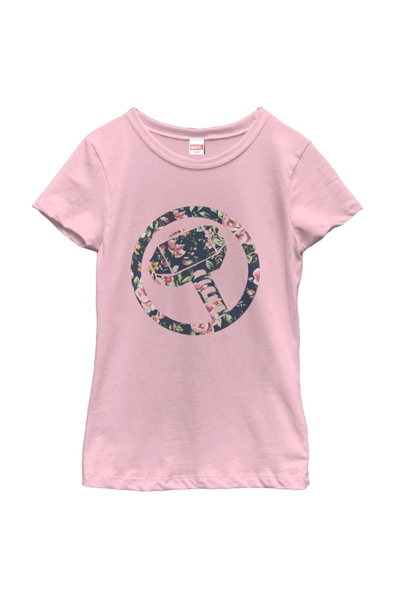 Girl's Marvel Hammer Thor Floral Print Graphic Tee Light Pink X Large