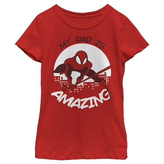 Girl's Marvel My Dad is Amazing Cartoon Spider-Man Graphic Tee Red Large