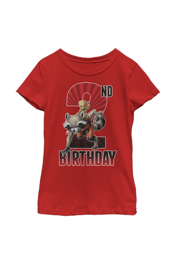 Girl's Marvel Rocket and Baby Groot 2nd Birthday Graphic Tee Red Small