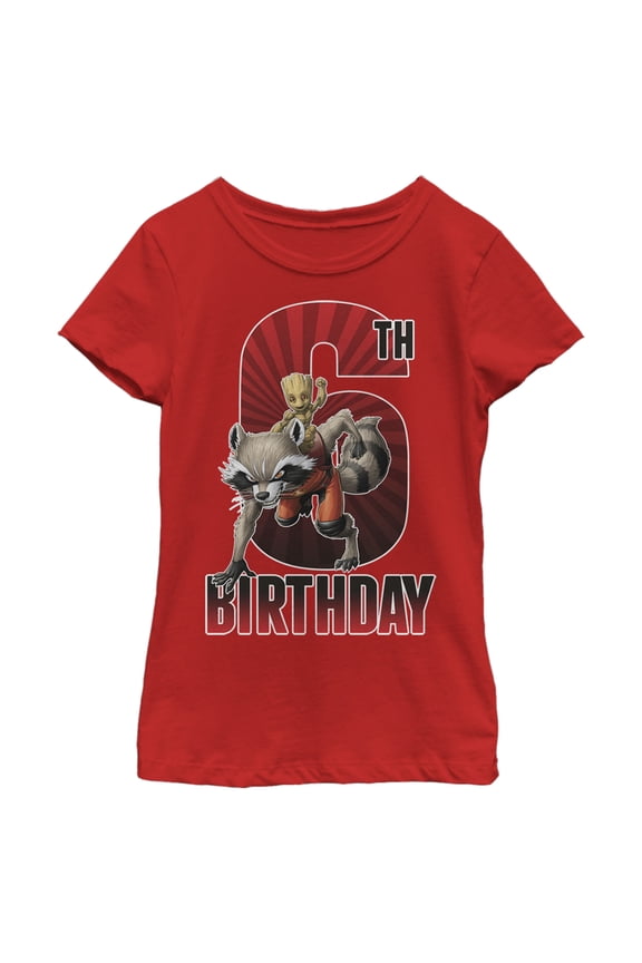 Girl's Marvel Rocket and Baby Groot 6th Birthday Graphic Tee Red X Small