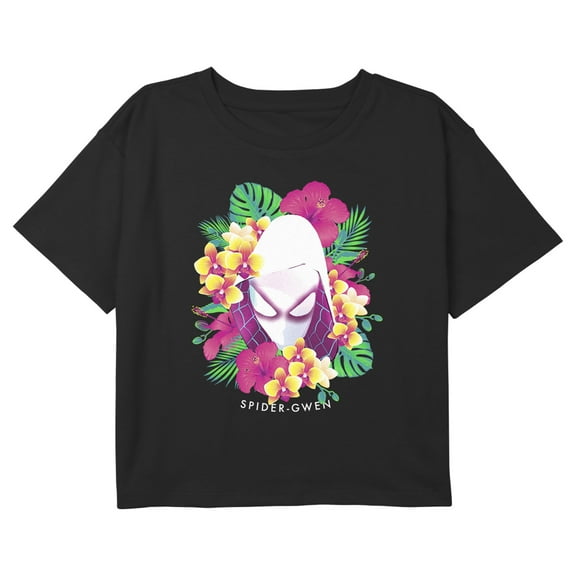Girl's Marvel Spider-Gwen Tropical Floral Portrait Graphic Cropped T-Shirt Black X Small