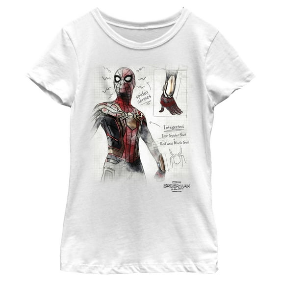 Girl's Marvel Spider-Man: Now Way Home Integrated Suit Sketch Graphic Tee White Medium