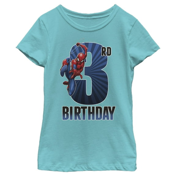 Girl's Marvel Spider-Man Swinging 3rd Birthday Graphic Tee Tahiti Blue Large