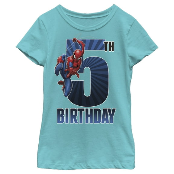 Girl's Marvel Spider-Man Swinging 5th Birthday  Graphic Tee Tahiti Blue X Small
