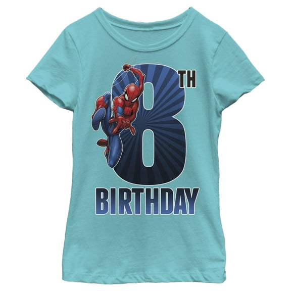Girl's Marvel Spider-Man Swinging 8th Birthday  Graphic Tee Tahiti Blue Small