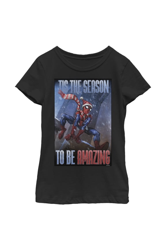 Girl's Marvel Spider-Man 'Tis The Season To Be Amazing Graphic Tee Black X Large