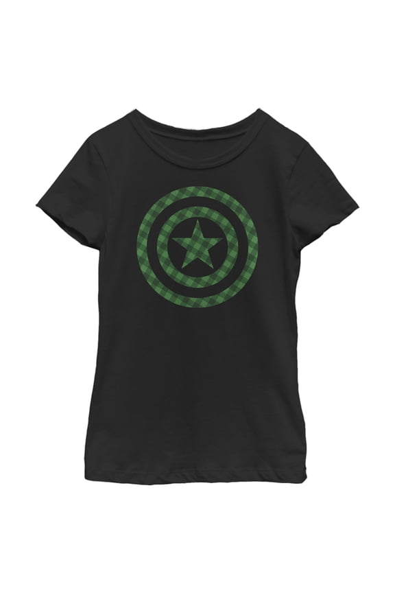 Girl's Marvel St. Patrick's Day Green Plaid Captain America Shield  Graphic Tee Black Small