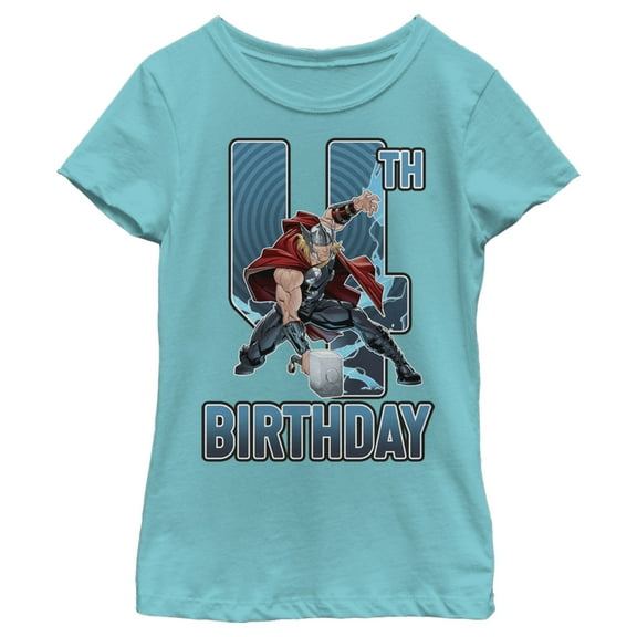 Girl's Marvel Thor Hammer 4th Birthday  Graphic Tee Tahiti Blue X Large