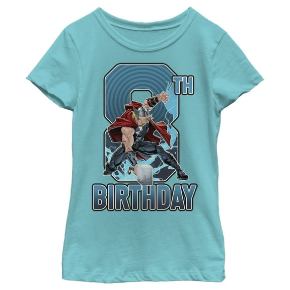 Girl's Marvel Thor Hammer 8th Birthday  Graphic Tee Tahiti Blue Medium