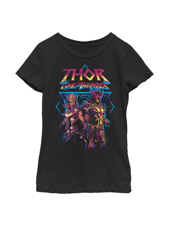 Girl's Marvel: Thor: Love and Thunder Distressed Main Characters Graphic Tee Black Medium