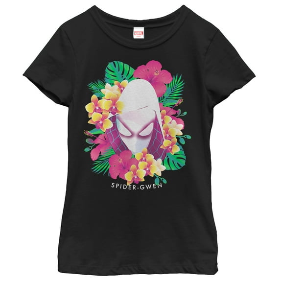 Girl's Marvel Tropical Print Spider Gwen  Graphic Tee Black Small