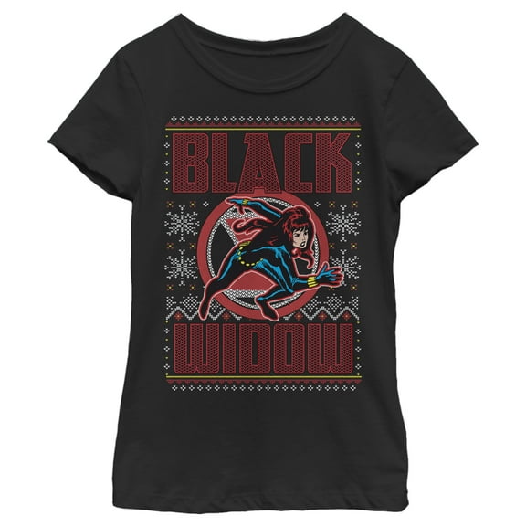 Girl's Marvel Ugly Christmas Black Widow Snow Graphic Tee Black Large