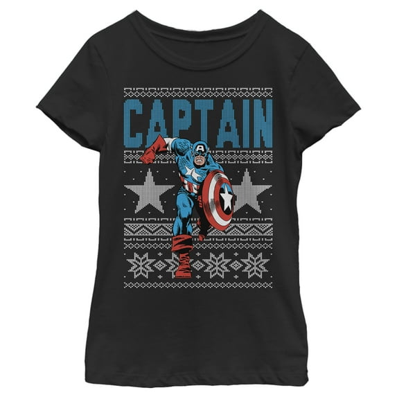 Girl's Marvel Ugly Christmas Captain America Star Graphic Tee Black Medium