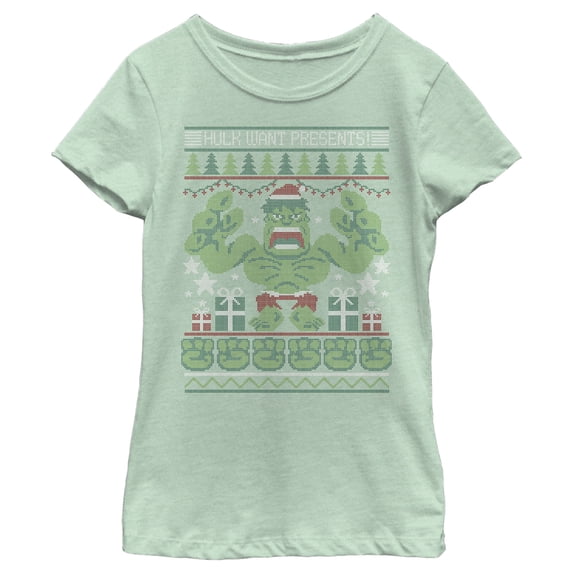 Girl's Marvel Ugly Christmas Hulk Want Presents Graphic Tee Mint X Small