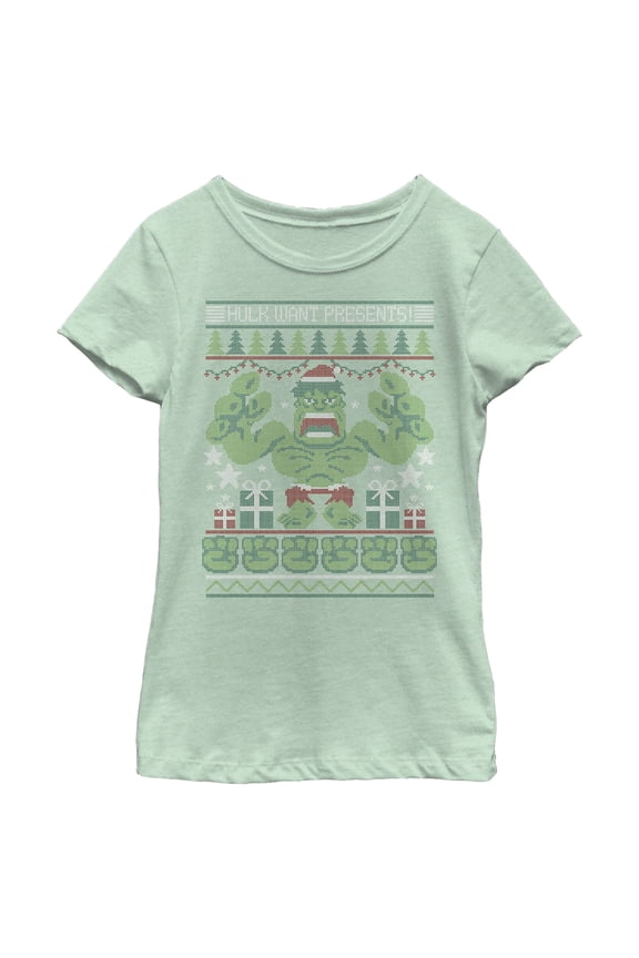 Girl's Marvel Ugly Christmas Hulk Want Presents Graphic Tee Mint X Small