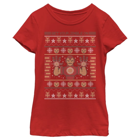 Girl's Marvel Ugly Christmas Iron Man Graphic Tee Red Medium