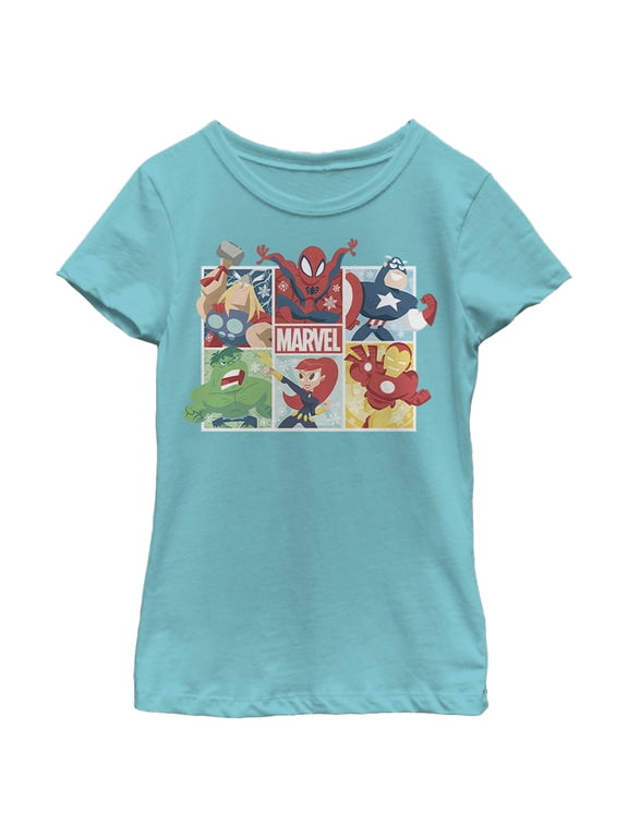Girl's Marvel Winter Holiday Heroes Graphic Tee Tahiti Blue Small