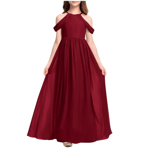 Girl's Maxi Gowns Solid Color Off-Shoulder Junior Bridesmaid Dresses, Comfortable Chiffon Performance Elegant Party Long Dress Child Maxi Dress Short Sleeve Wine 6-7Y