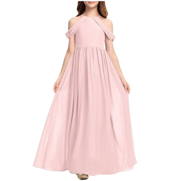 Girl's Maxi Gowns Solid Color Off-Shoulder Junior Bridesmaid Dresses, Comfortable Chiffon Performance Elegant Party Long Dress Kids Maxi Dress with Sleeves Beige 4-5Y