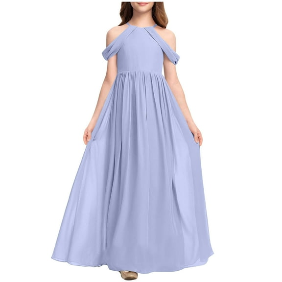 Girl's Maxi Gowns Solid Color Off-Shoulder Junior Bridesmaid Dresses, Comfortable Chiffon Performance Elegant Party Long Dress Kids Short Dresses Purple 12-13Y