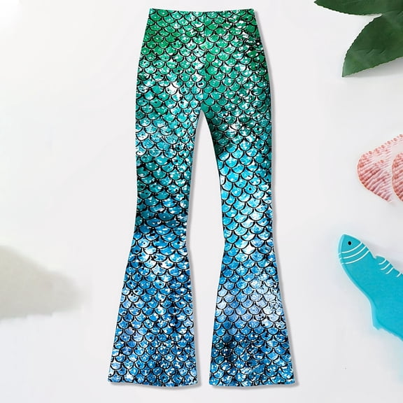 Girl's Mermaid Tail Leggings with Gradient Scale Printed Flared Leg Pants For Girls Playwear Soft Stretch Dance Trousers Bottom