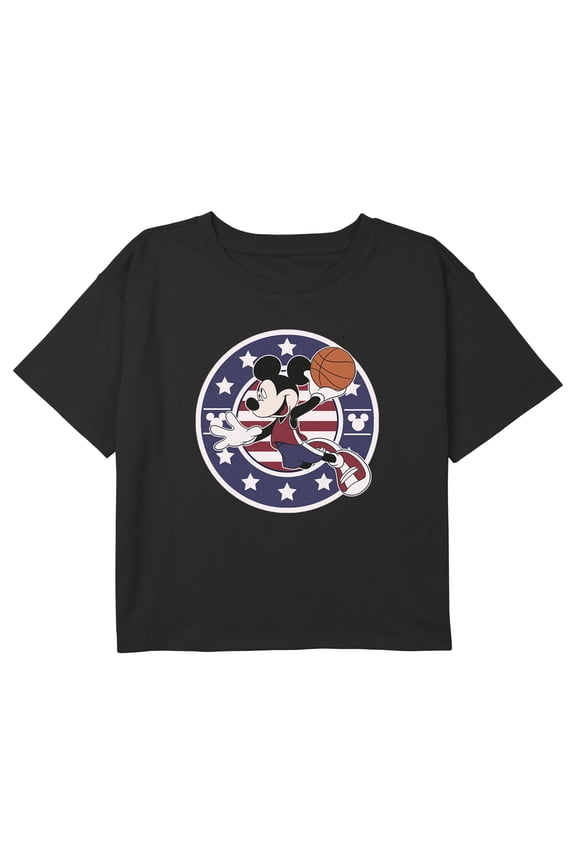 Girl's Mickey & Friends Americana Basketball Dunk Graphic Cropped T-Shirt Black Medium