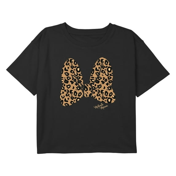 Girl's Mickey & Friends Animal Print Minnie Mouse Bow Graphic Cropped T-Shirt Black Large